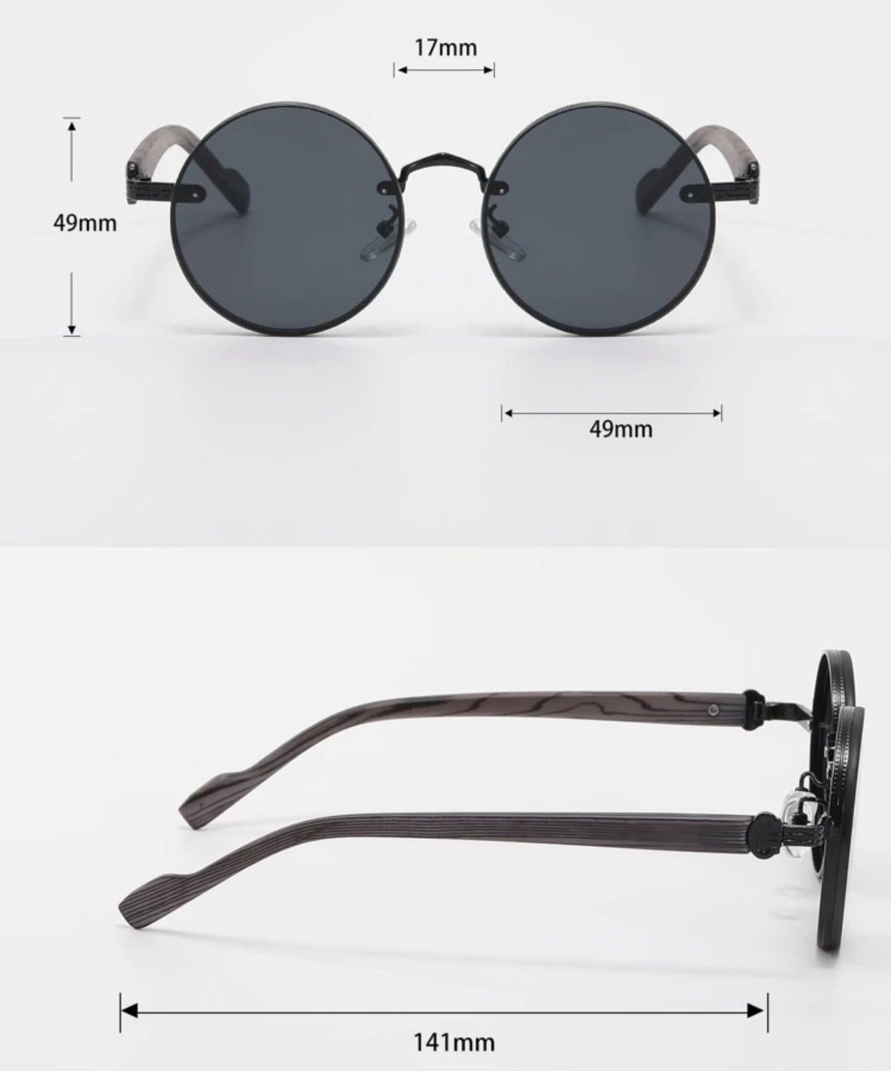 Metal round faux wood men sunglasses grey grip